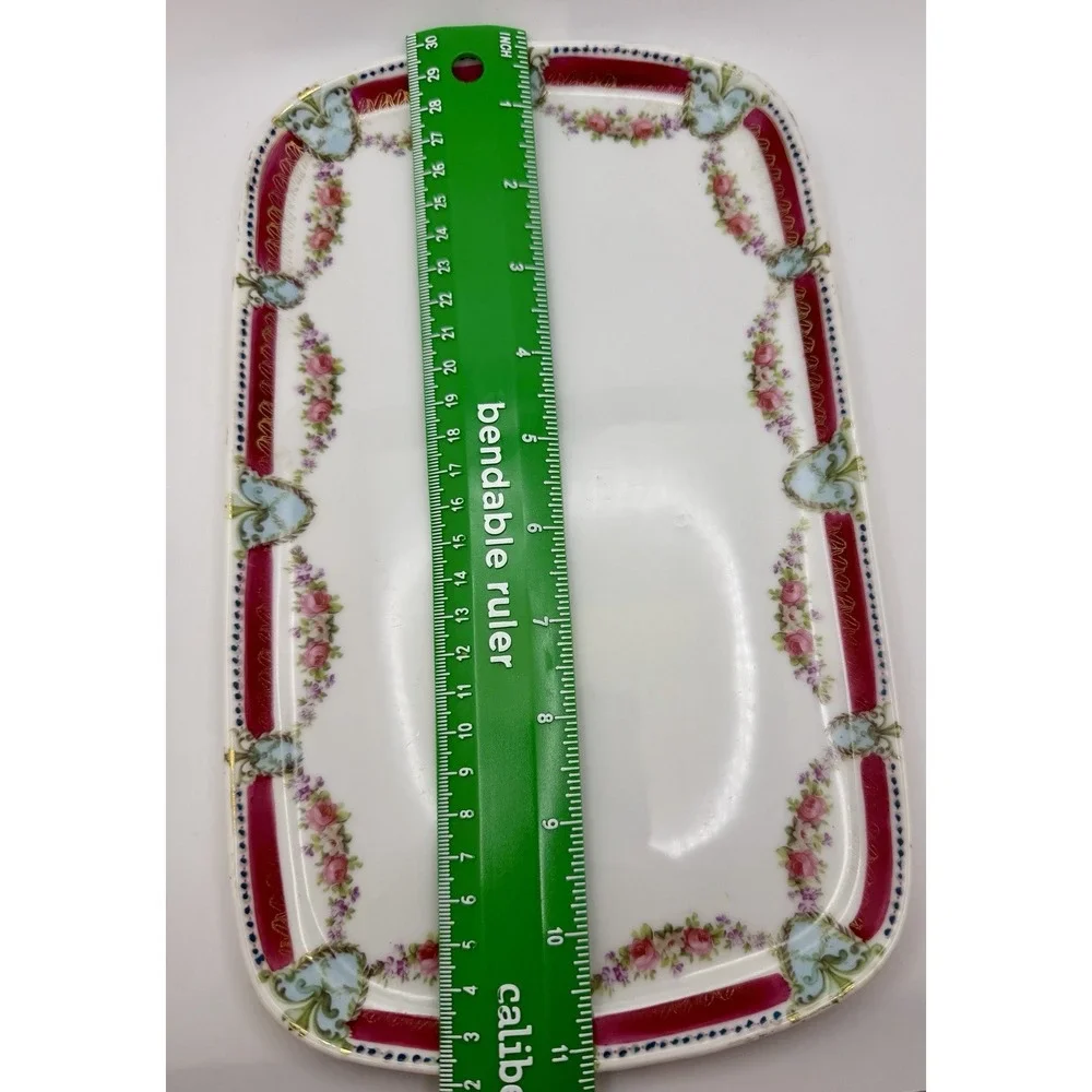 Antique ES Prussia Porcelain Dresser Tray Pink Roses Raspberry Border 11.25